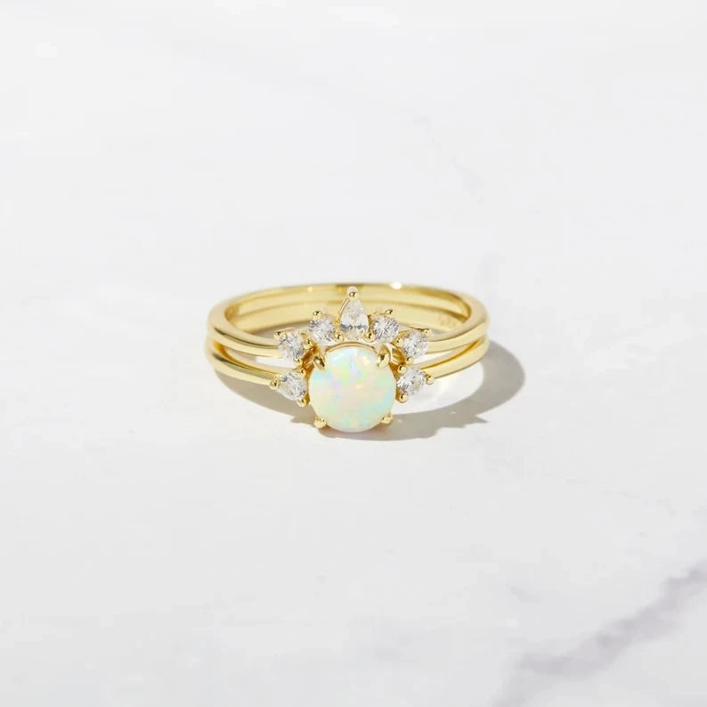 Sterling Silver Opal Stacking  Dainty White Gold Opal Ring For Women Opal Jewelry