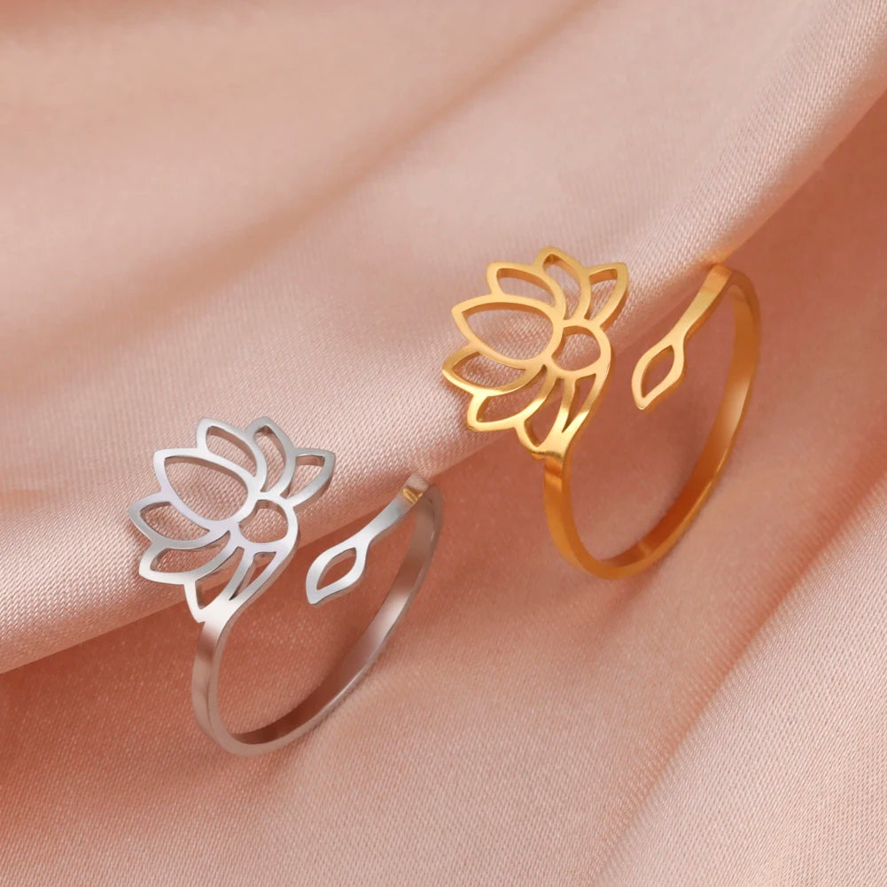 Vintage Lotus Flower Rings for Women Stainless Steel Elegant Adjustable Finger Ring Yoga Chakra Buddhism Jewelry Gifts