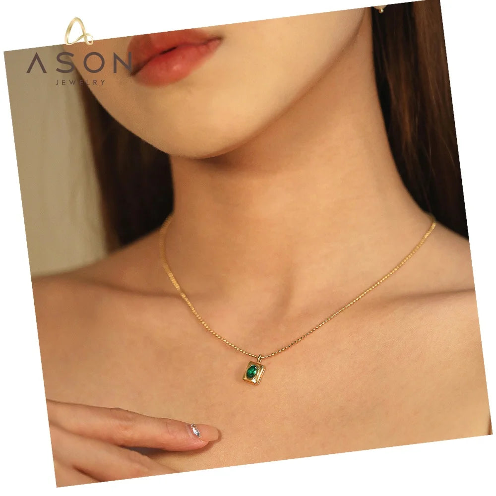 Ason Jewelry 18k Gold Plated Stainless Steel Fashion Zircon Pendant Necklace Chain Green Oval Gemstone Charms Necklace for Wo