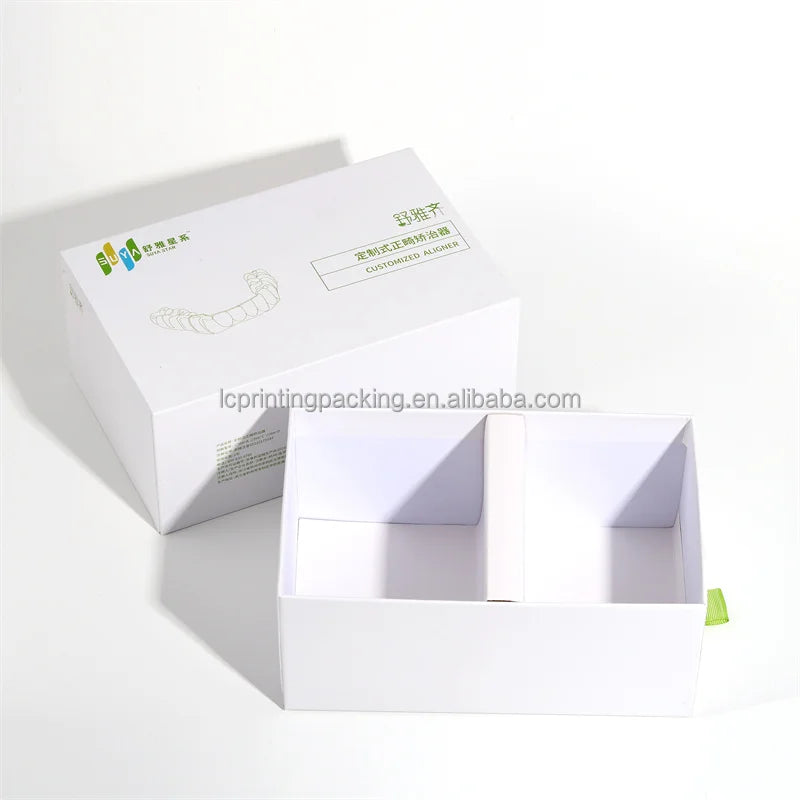 Luxury Spot UV Coated Embossed Custom Logo Thick Cardboard Dental Orthodontic Aligners Drawer Box with Recyclable Paper Divid