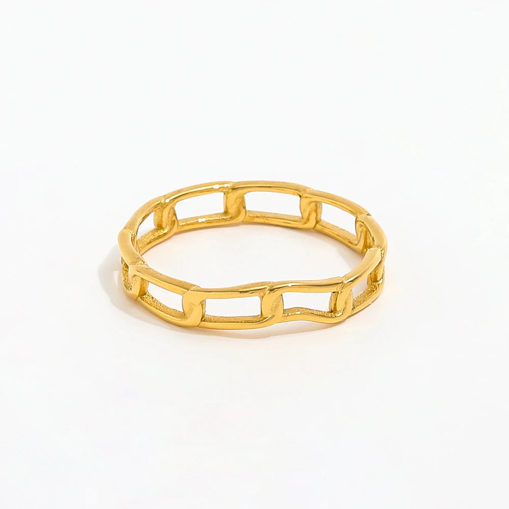 Fenny 18K Gold Plated Permanent Hollow Link Chain Rings Finger Ring for Women Stainless Steel Wholesale Jewelry