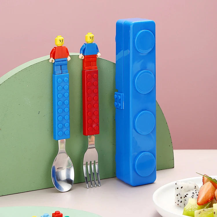 Portable Stainless Steel Jigsaw Puzzle & Building Block Set Funny Cartoon Tableware for Kids Disposable Fork Spoon Set