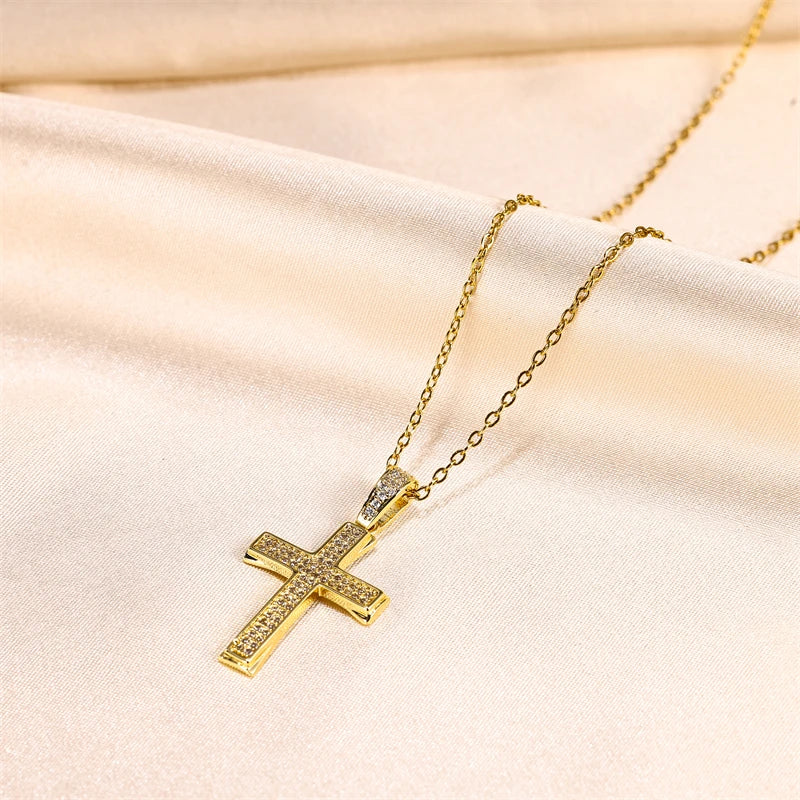 Female Vintage Jewelry 18K Gold Plated Stainless Steel Cross Pendant Necklace Jewelry Necklace