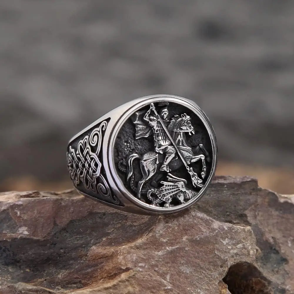 New 2024 Nordic Viking Celtic Titanium Steel Ring Silver Dragon Saint George Ring Vintage Religious Jewelry Signet Rings for 