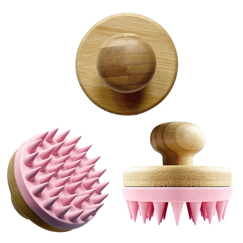 Scalp Massager Shampoo Brush Bamboo Wet and Dry Hair Scalp Care Brush Shower Brush Scalp Scrubber Exfoliator With Soft Silico