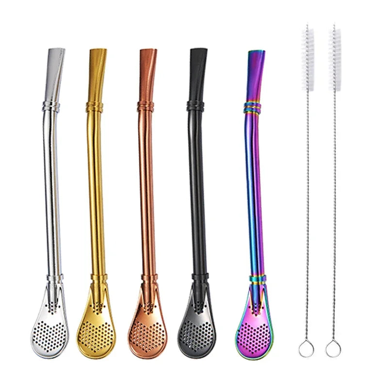 2-in-1 Stainless Steel Drinkware Accessories Reusable Tea Tools Yerba Mate Tea Straws Bombilla Gourd Spoons Tea Filters for B