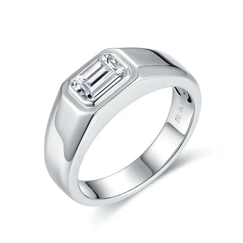 2024 Spring New 1 Carat Moissanite Freemasonry Gemstone Ring for Men Minimalist Design Emerald Cut Rhodium Plated GRA Certifi