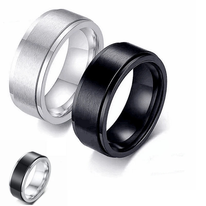 2024 Trendy Fashion Round Rotatable Black Silver Simple Men Rings Stainless Steel Rings Anxiety Rings for Men