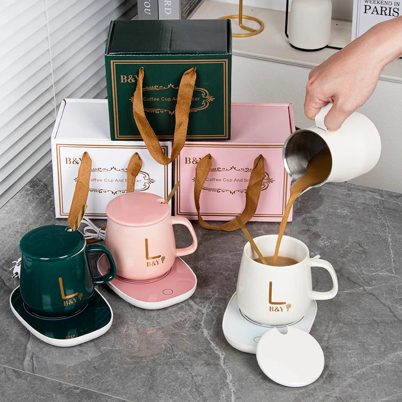 Logo USB Office Home Gift Smart Ceramic Warmer Cup Heater Heating Pad Temperature Control Water Coffee Mug Set