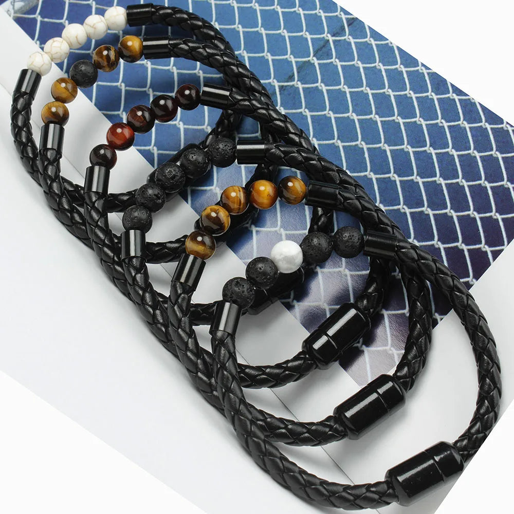 Single Layer Magnetic Clasp Bangles 8mm Natural Tiger Eyes Beads Braided Leather Bracelets for Men's Charm Casual Jewelry Gif
