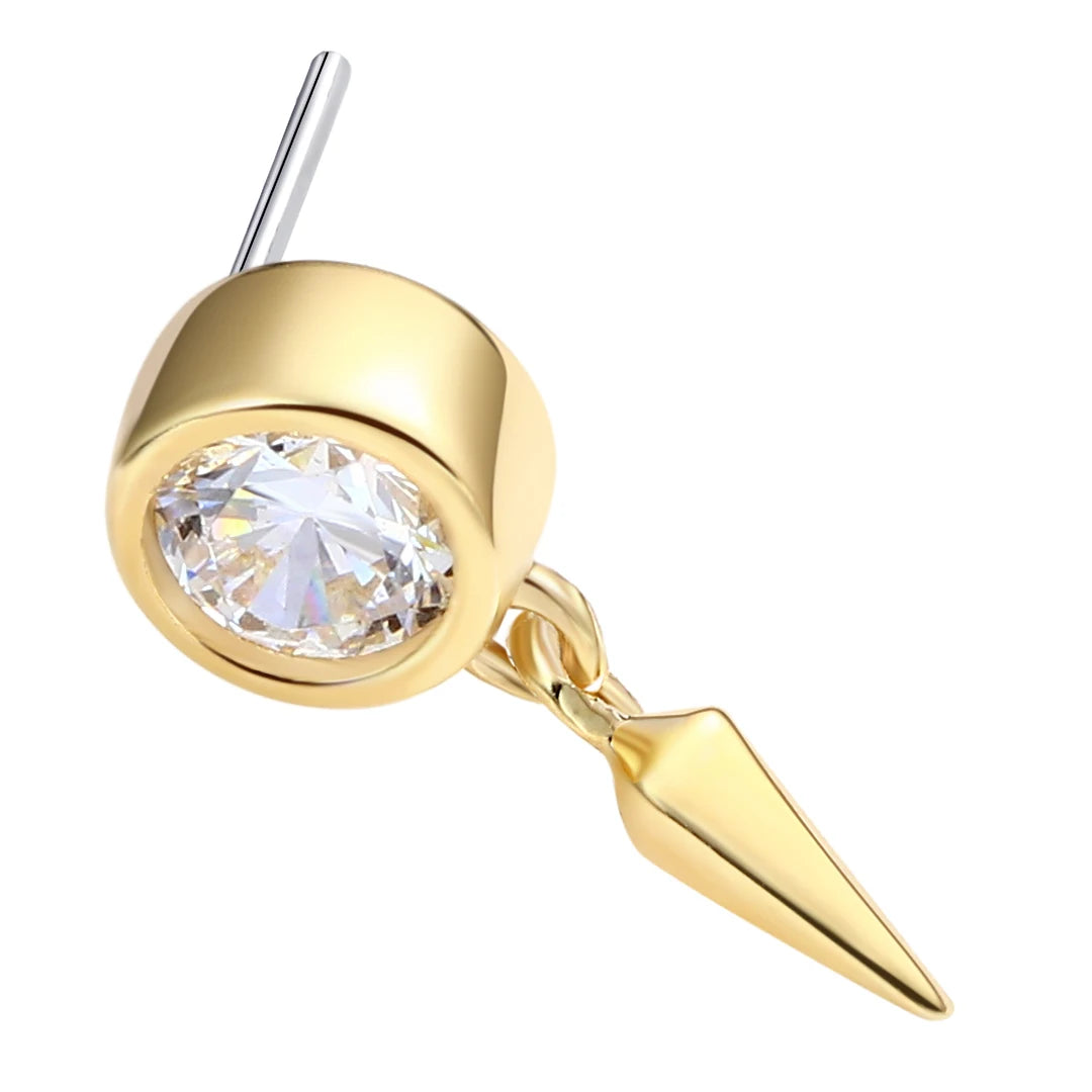 Eternal Metal 14K Solid Yellow Gold CZ Bezel Setting Cone Dangle Navel&Ear Piercing Nose Jewelry Threadless Push in  Ends Top