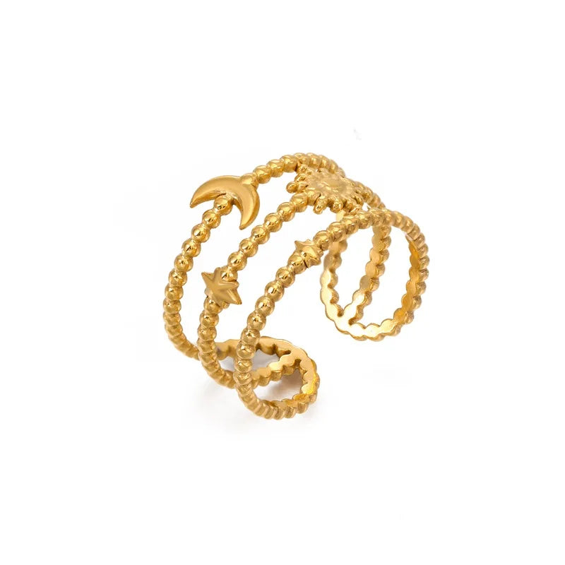 Boho 3 Layered Beaded Rings 18K Gold Plated Moon Star Opening Rings Custom Stainless Steel Finger Jewelry Ring for Women
