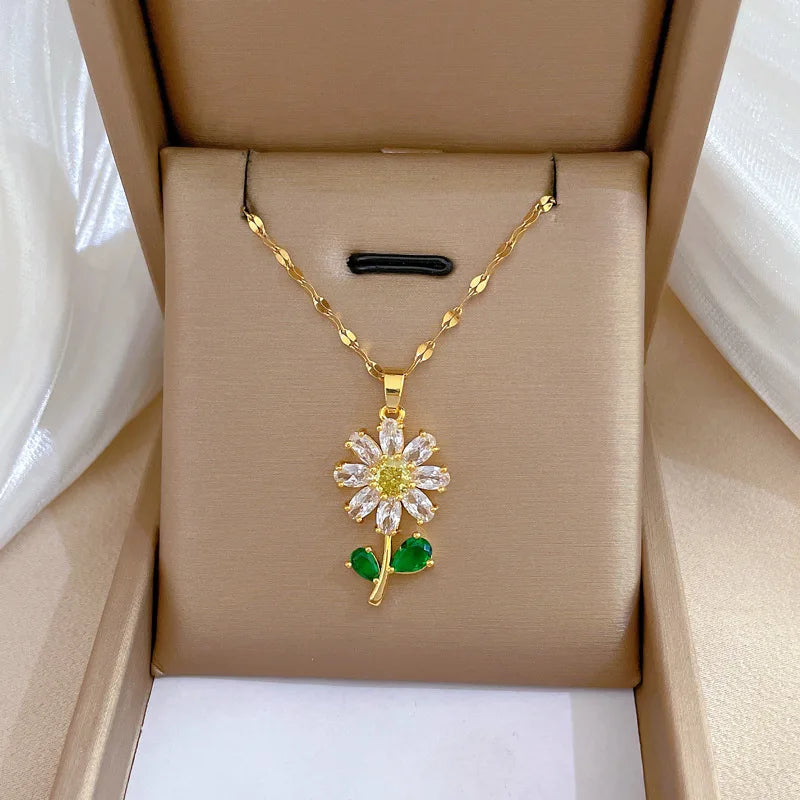 Vintage Stainless Steel Chain Full Zircon Crystal Flower Pendant Elegant 18k Gold Plated Necklace Jewelry for Women Girls Gif