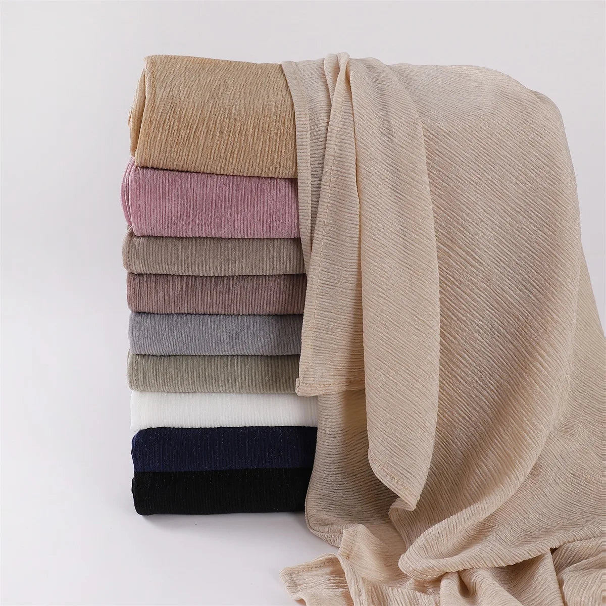 New Arrival Plain Color Soft Elastic Jersey Scarf Shawl Muslim Women Crinkle Pleated Cotton Hijabs Turbans Breathable Scarves