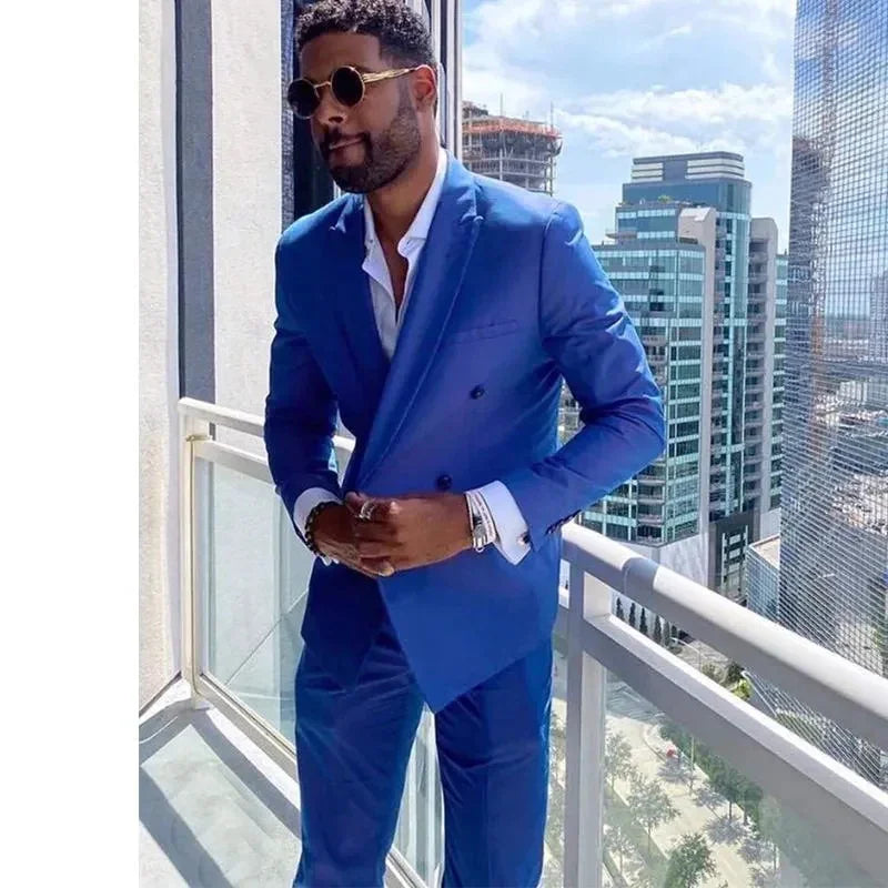 Fashion Blue Formal Men's Suits  Blazer Pants Peaked Lapel Double Breasted Wedding Groomsman Prom Outfits 2 Piece Jacket Pant