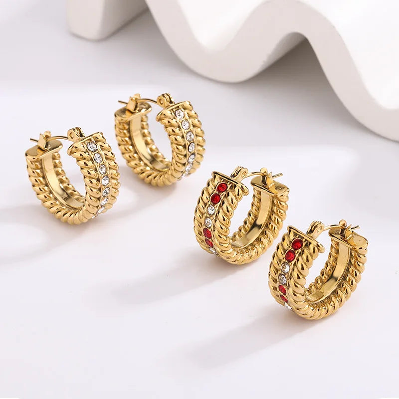 American C-Shaped Hoop Earrings Twist Inlaid Zircon Trendy Style Gift 18K Gold Waterproof Titanium Steel Stud Earrings Europe