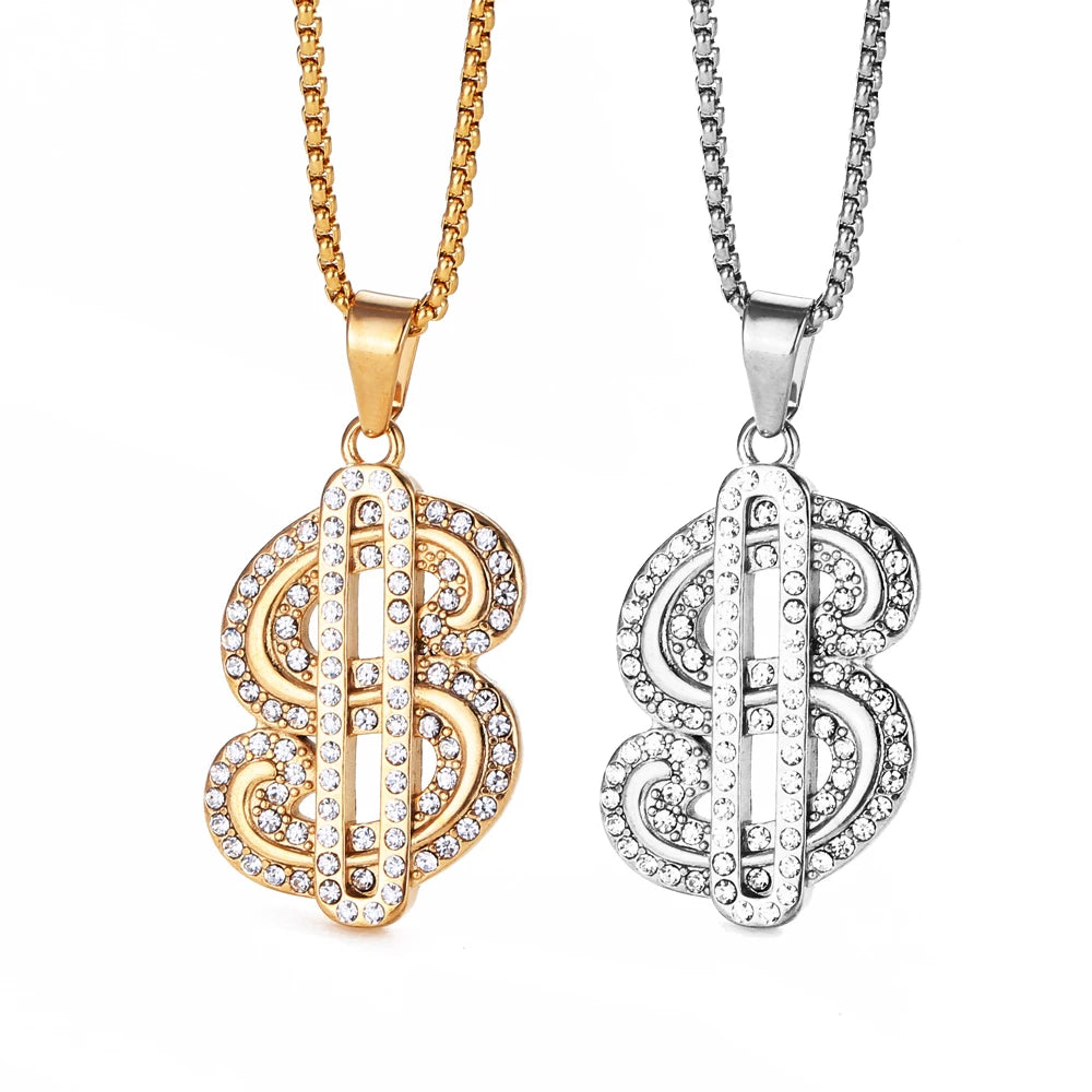 18k Gold Plated Chain Dollar Bill Necklace for Men Dollar Sign Pendant CZ Hips Hops Dollar Necklace Money Bag Rappers Necklac