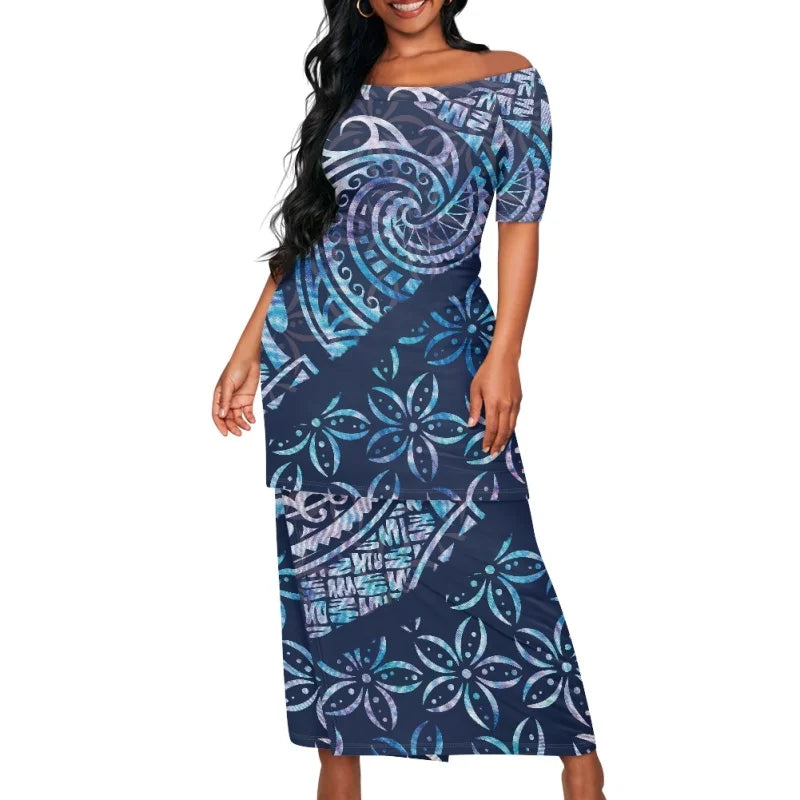 Hot Sale Plus Size Shoulder Puletasi Two Pieces Set Custom Navy Blue Gradient Polynesian Printed Top Skirts Elegant Eco-Frien
