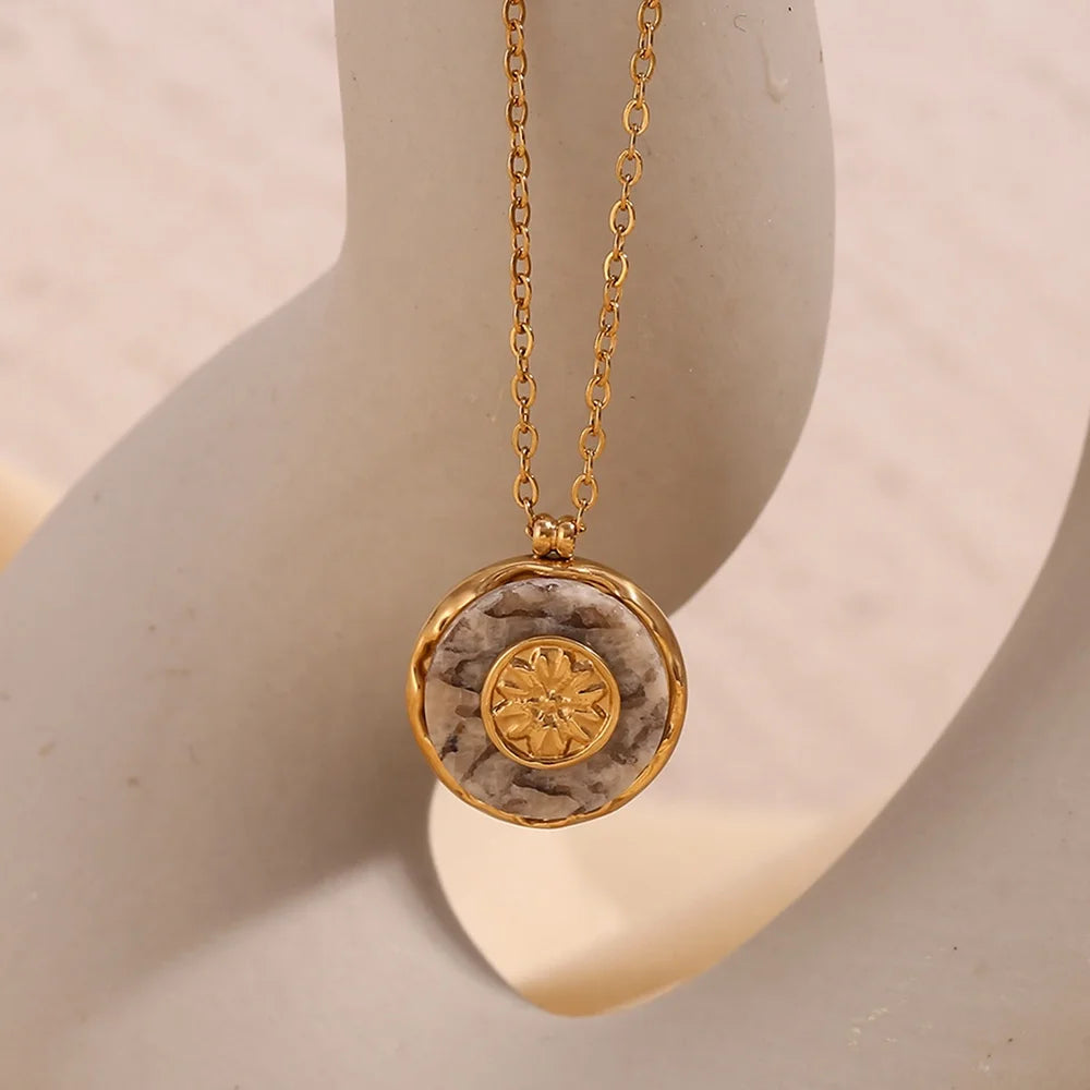 Vintage Jewelry for Women Marble Sunburst Gemstone Pendant Necklace Stainless Steel Jewelry