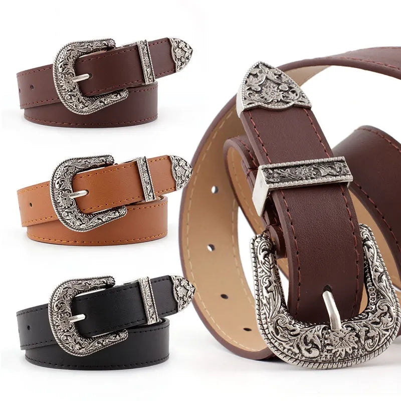 Western Carved Metal Buckle Belt Vintage Leather Casual Decorative Waist Belt for Women