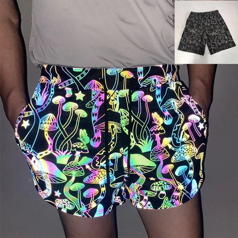 Universal Outdoor Sports Running Cycling Hip Hop Plus Size Mushroom Pattern Hi Visible Reflective rainbow Shorts Party Wear