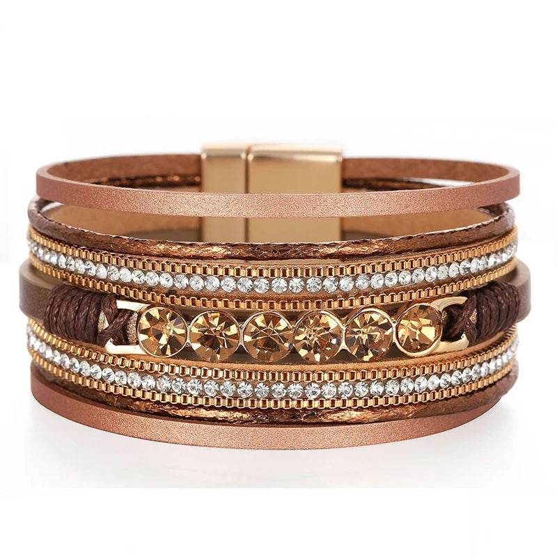 European American Vintage Leather Wrap Bracelets Light Luxury Crystal Bracelet Personality Magnetic Buckle Bracelets for Wome