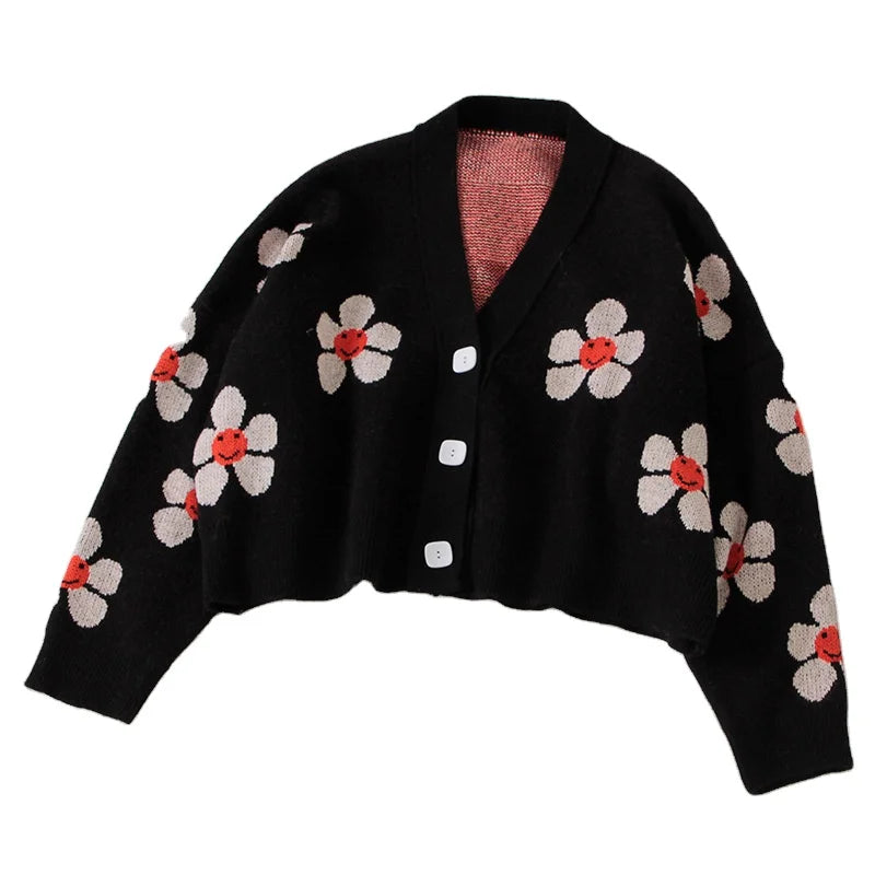 Elegant Academic Style Flower Knitted Coat Short Spring Autumn Loose V-Neck Sweater Cardigan Blouse Single Breasted Closure