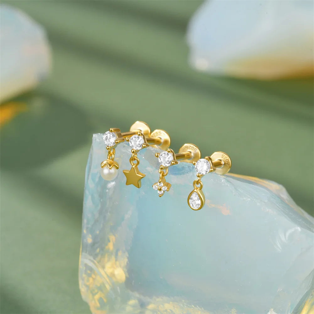 Star Clover Dangle Pearl Beaded Drop Earring Dainty Flatback Studs Cartilage 925 Sterling Silver Cz Earring