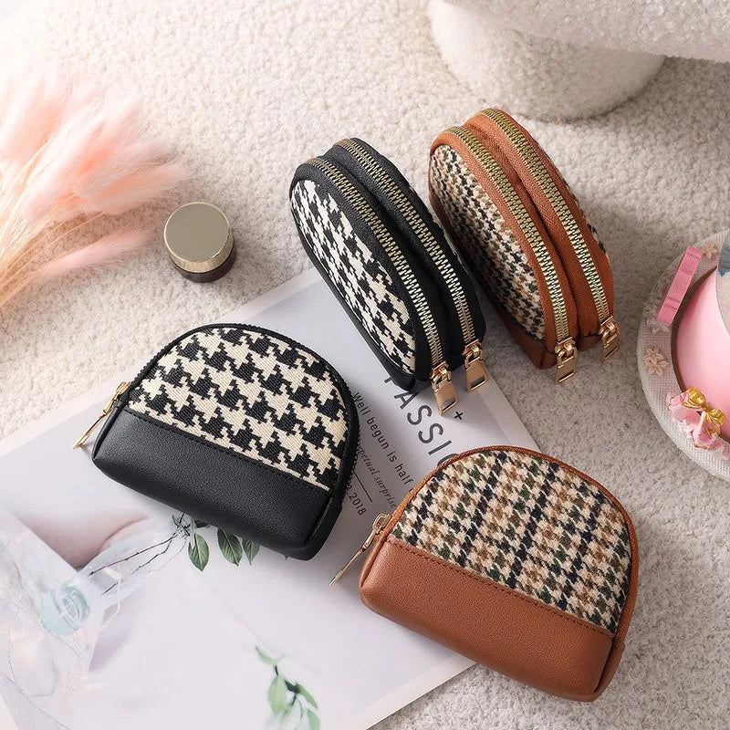 Women's European American Style Double Zipper Coin Purse Short Small Wallet Key Card Holder Fashionable Fabric Design Made PU