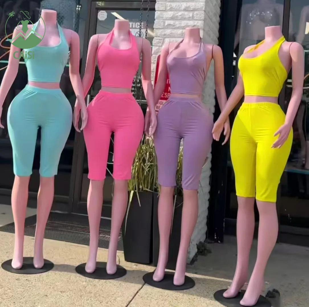 Summer Women's 2 Piece Shorts Sets Tracksuits Soild Halter Tops and Biker Shorts Set Casual Two Piece Set Women's Clothing