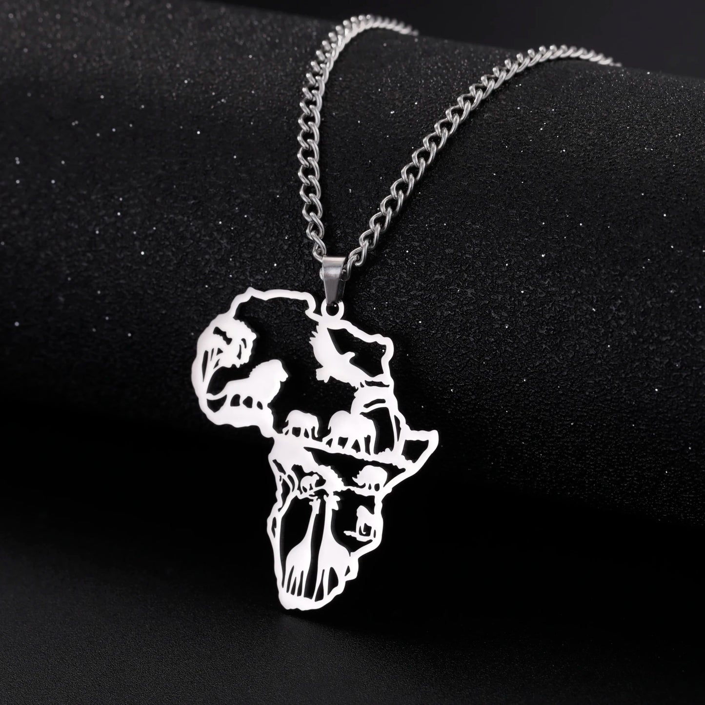Africa Map Animal Giraffe Lion Elephant Pendant Stainless Steel Necklace Fashion Jewelry Necklaces for Woman Men