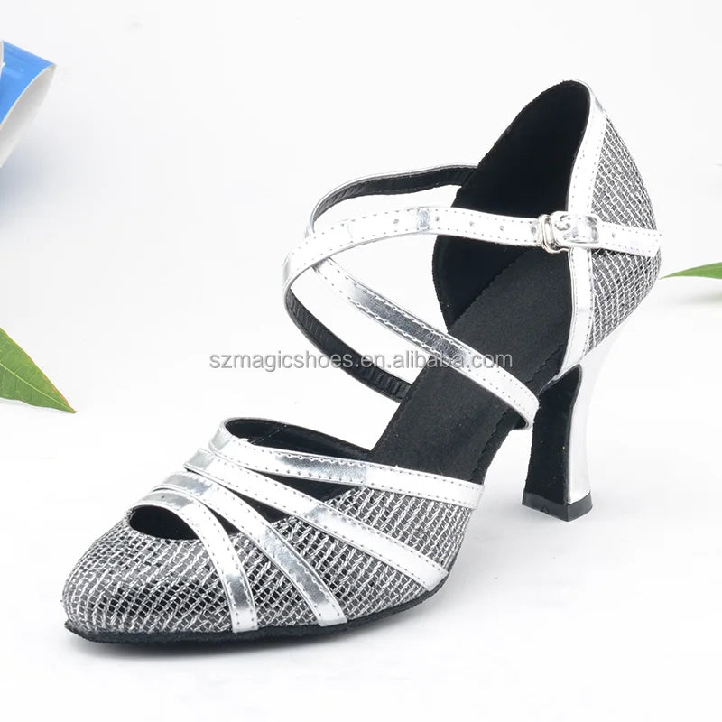 Wedopus Black Silver Glitter Latin Dance Shoes Customized Heel