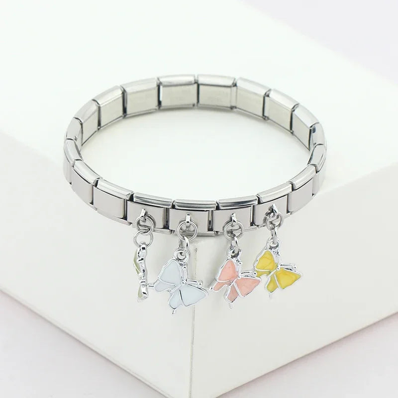 Hapiship Fashion Colour Glaze Butterfly Bowknot Italian Links Charm Fit 9mm Stainless Steel Bracelet Jewelry DIY Making DJ437