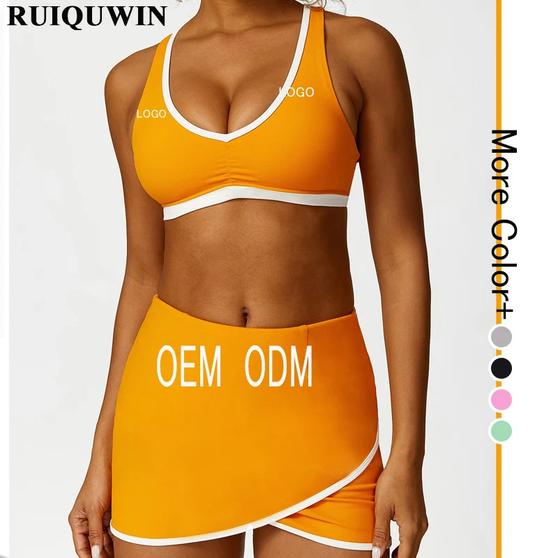 RUIQUWIN New Arrival Custom Wholesale Women Yoga Sets for Fitness Hip Push up Tights Beauty Back Bra Sexy Yoga Fitness Skirt