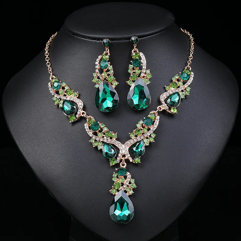 Fashion Water Drop Necklace Earrings Multi Color Crystal Jewelry Sets Wedding Jewelry Set for Women