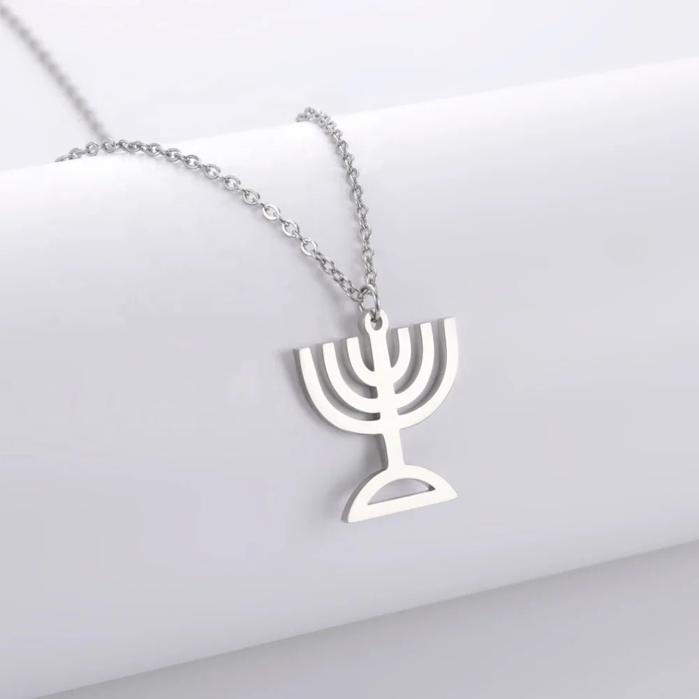 Menorah Candle Holder Pendant Necklace for Women Geometric Religious Chain Necklaces Stainless Steel Jewelry Gift