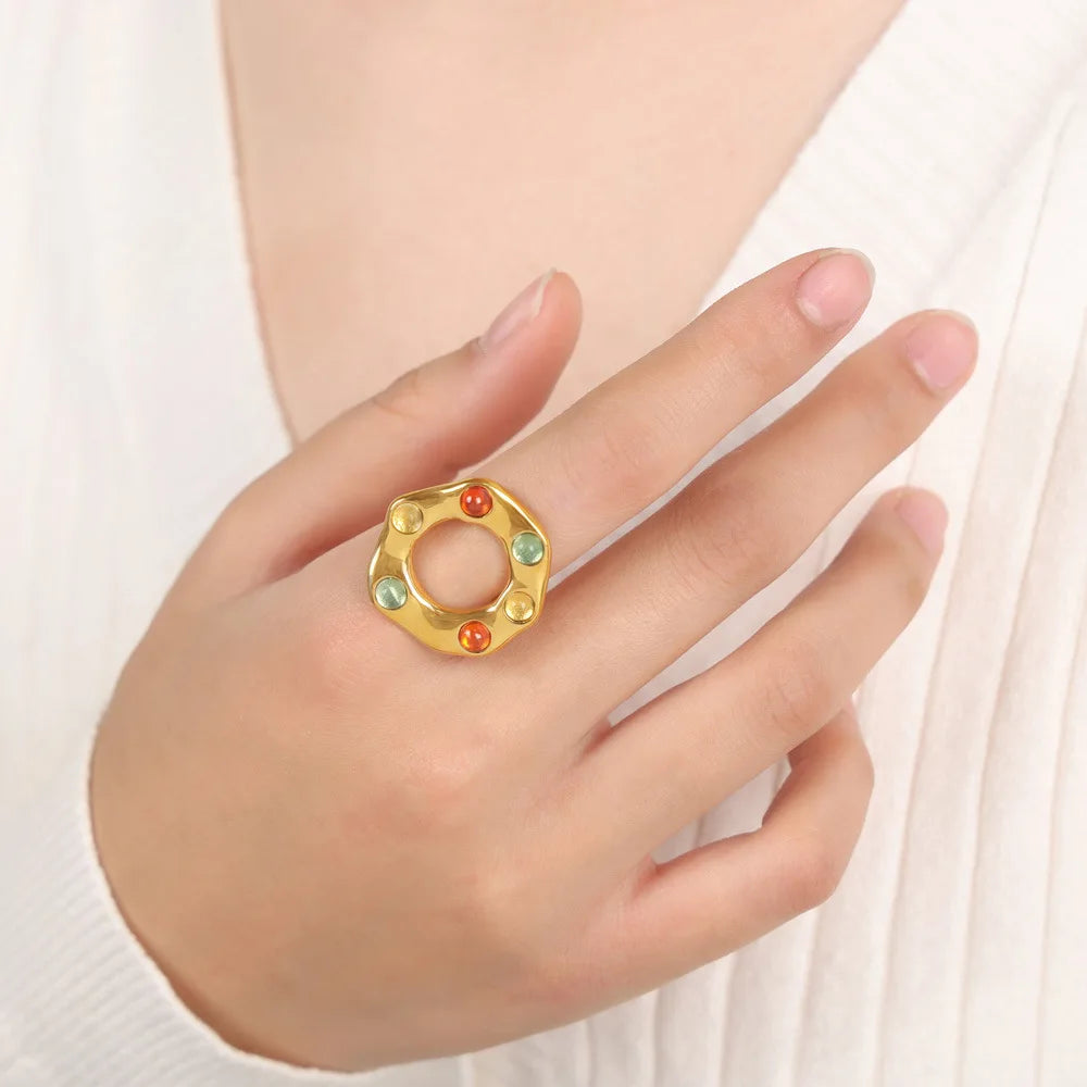 Customized Stainless Steel Rings for Women Colorful Diamond Glass Bead Ring 18k Gold Plated Geometric Ladies Rings Waterproof