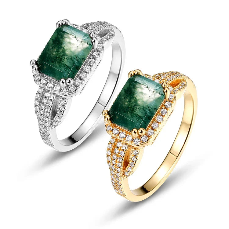 Trending Jewelry Natural Gemstone Bezel Setting Ring 925 Sterling Silver Moss Agate Green Stone for Women Anniversary Party
