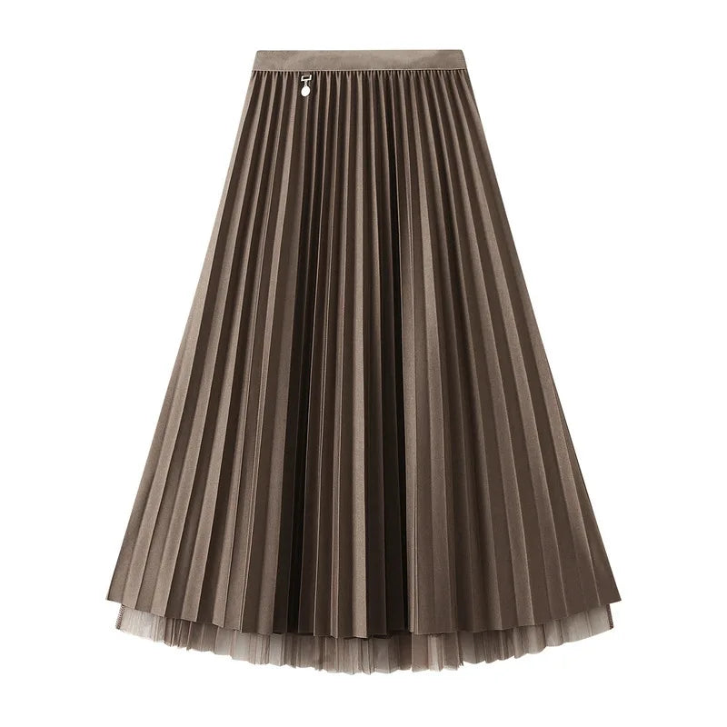 Women's Skirt 2023 Spring Autumn New Office Lady Solid High-waisted Loose Elegant Fashion Pleated Midi Skirt Female