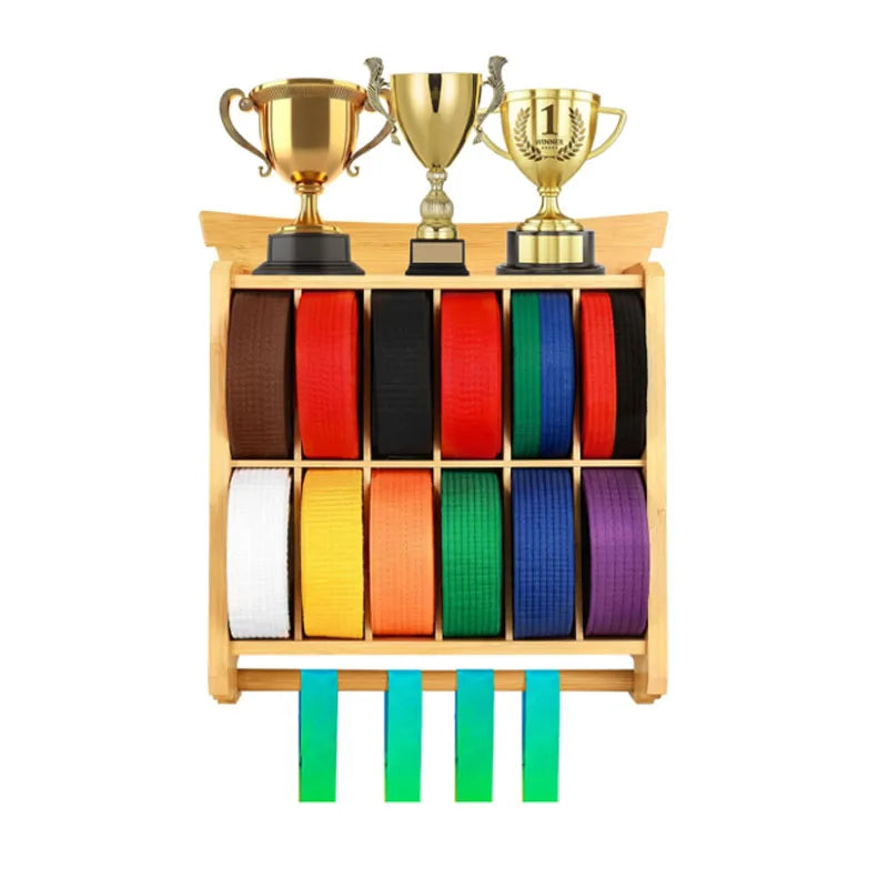 Taekwondo Rack Artial Arts Belt Display Medal Display Rack 12 Belts Karate Belt Display Rack and Trophy