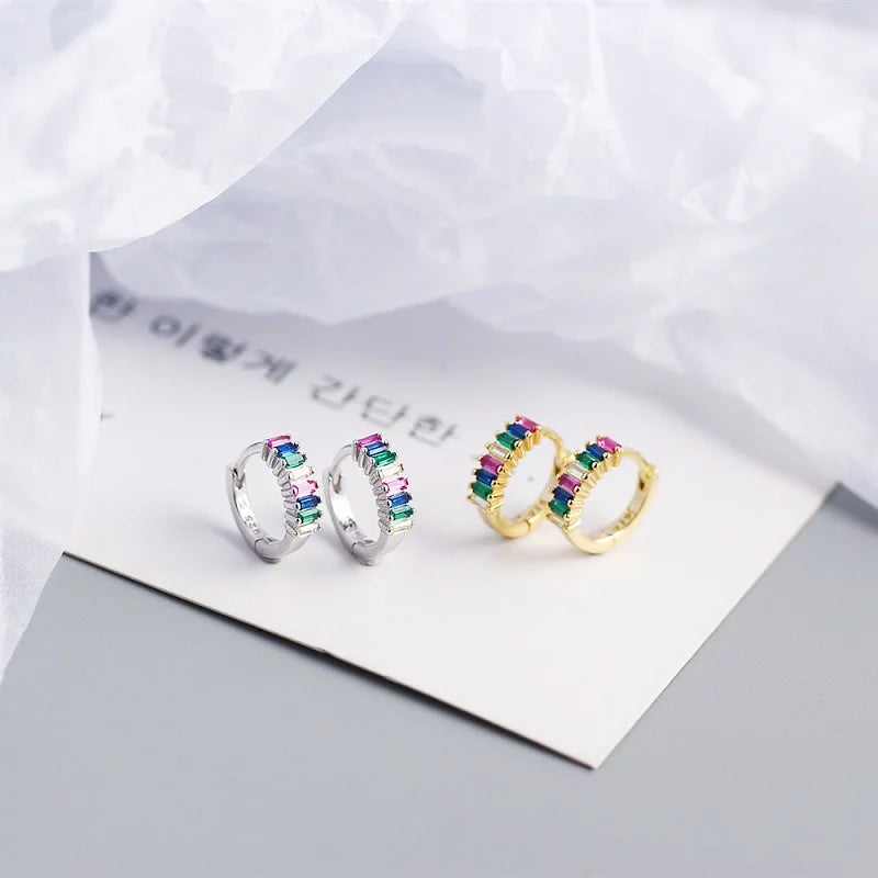 Lady's Non-Allergic 925 Sterling Silver Jewelry Valentines Gemstone Earrings Emerald Cut Crafted Colorful Zircon Huggie Earri