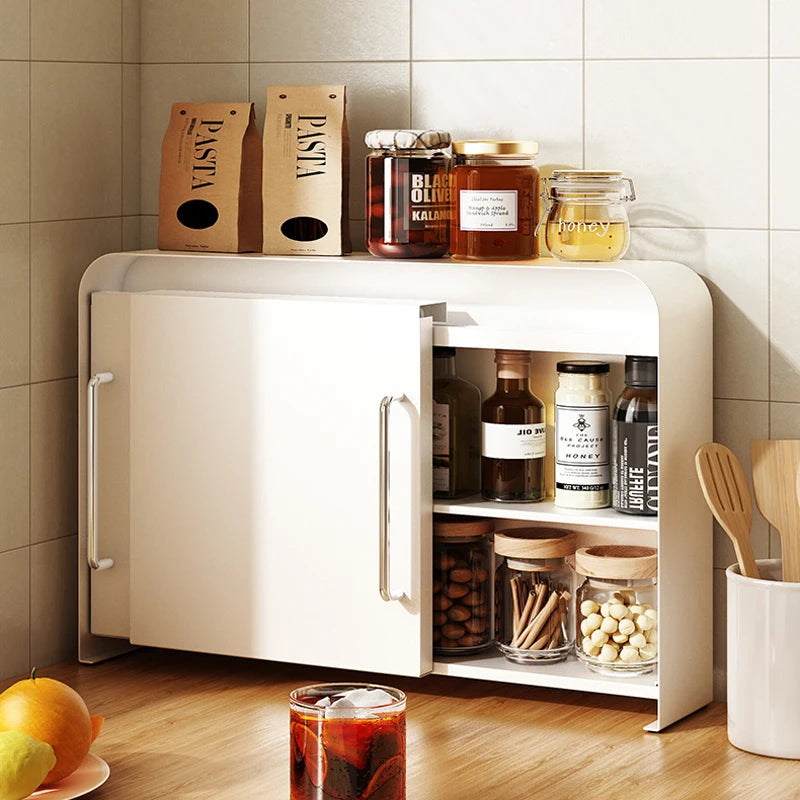 Kitchen Metal Double-layer Tableware Spices Rack Organizer Shelves Box Cabinet Countertop Cup Holder with Side Pull Door Stor