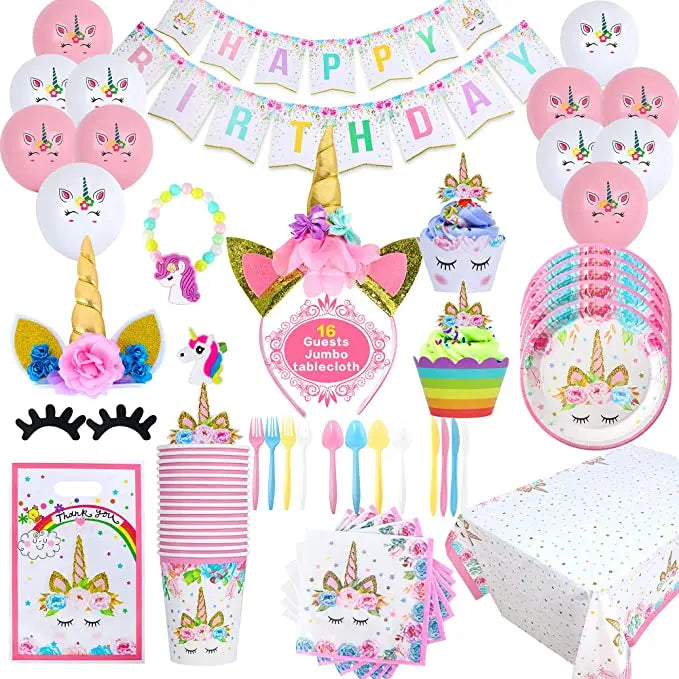 Unicorn Party Decorations Supplies Cake Plates Cups Napkins Tablecloth Paper Disposable Tableware Globos Supplies