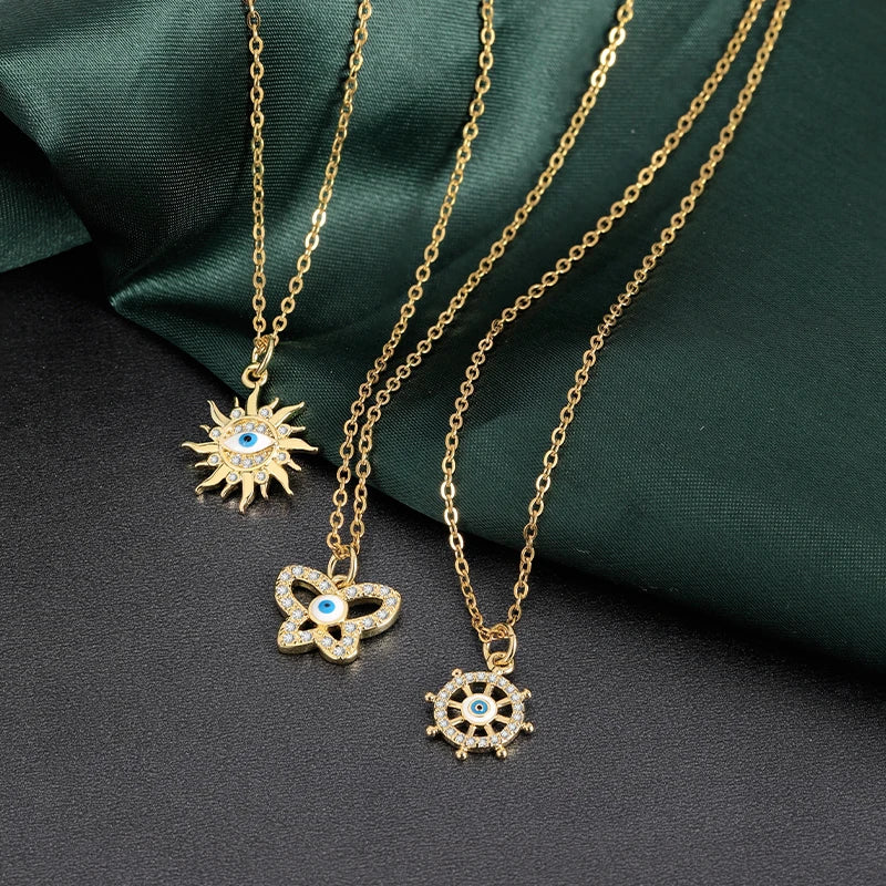 HOVANCI Luxury Jewelry Gold Plated Eye Butterfly Sun Necklace Stainless Steel Hollow Cubic Zircon Paved Eye Necklace