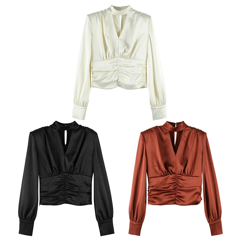 Women's Casual Clothing Top Fashion Long Sleeve Spring Shirt with Stand Collar Breathable Woven Design Logo on Front