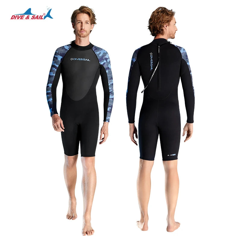 DIVE&SAIL Custom Print Man Neoprene Long Sleeve Short Pant Wetsuit Back Zip Eco-Friendly Breathable Diving Swimming 2MM