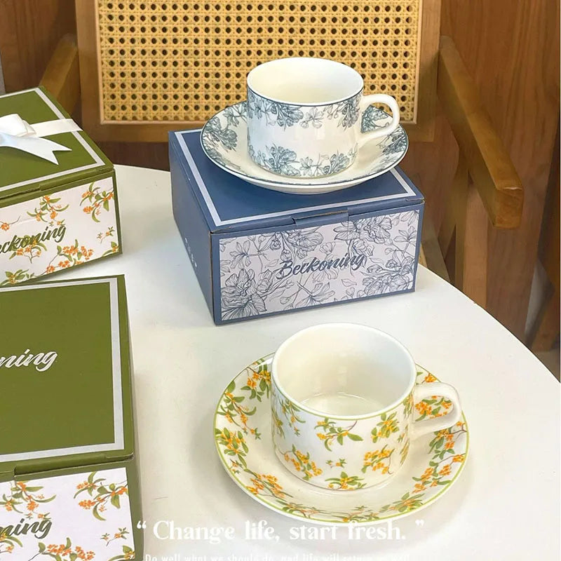 Ins Nordic French Vintage Flower Ceramic Coffee Mug and Saucer Set Light Luxury Afternoon Tea Cup Set