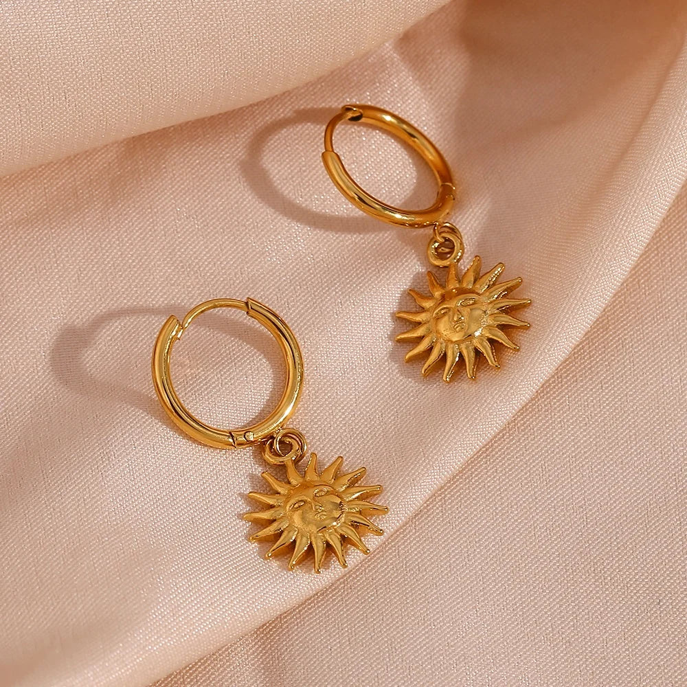 Guarantee Dreamshow Engraved Sun Face Drop Earrings Pvd Gold Plated Stainless Steel Dangle Hoop Earring Tarnish Free Jewelry