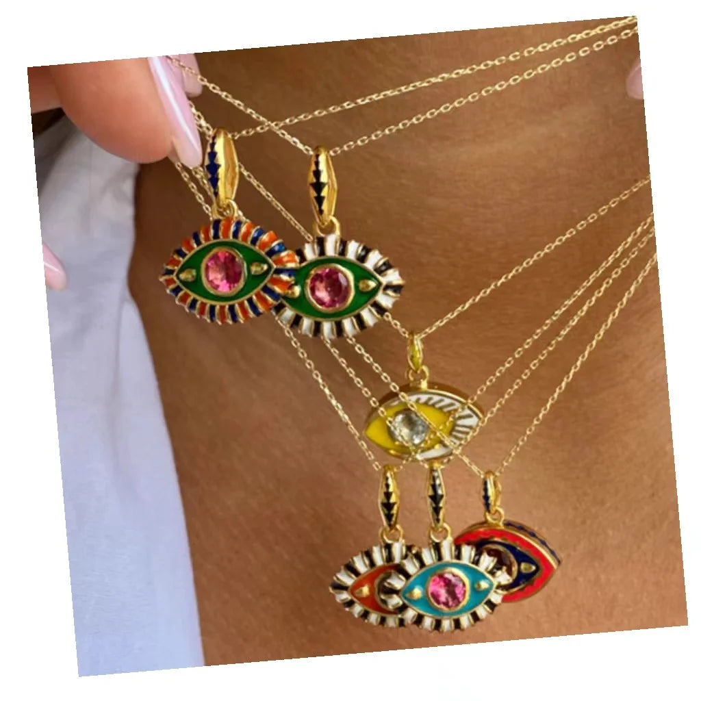 Fine Jewelry Necklaces for Women Stainless Steel Colorful Enamel Evil Eyes Diamond Fashion Turkish Eye Pendant  Charms