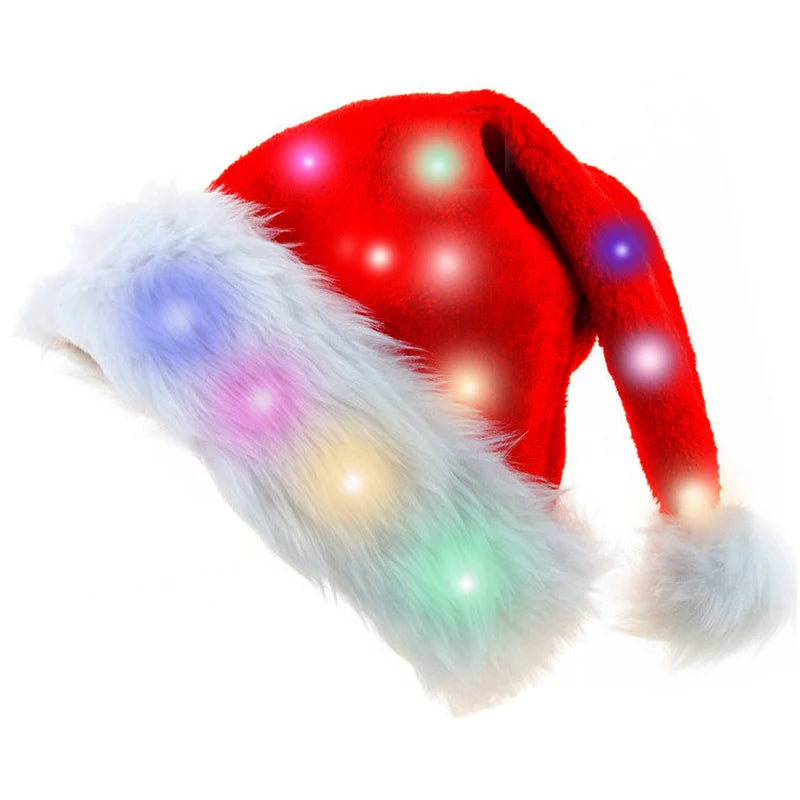 Wholesale Fluffy Plush Light up Santa Hat with Colorful LED Lights for Christmas Party Holiday Events Kids Adults Decorations